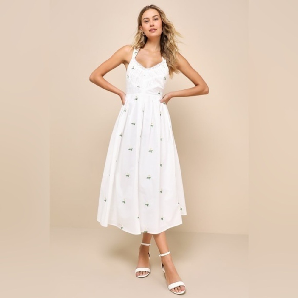 LULU’S DELICATE EXCELLENCE FLORAL EMBROIDERED TIE BACK MIDI DRESS